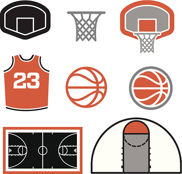 Simple Basketball Vector Elements A group of simple basketball themed vector elements. A court, a ball, a jersey and a basketball basket. basketball hoop stock illustrations