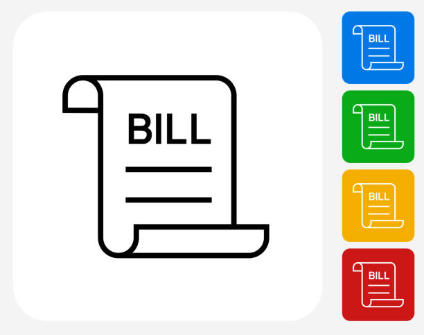 Simple Bill Icon Simple Bill Icon. This 100% royalty free vector illustration is featuring a blue square button with a drop shadow and the main icon is depicted in white. There are 8 additional alternative variations in different colors on the right. bill legislation stock illustrations