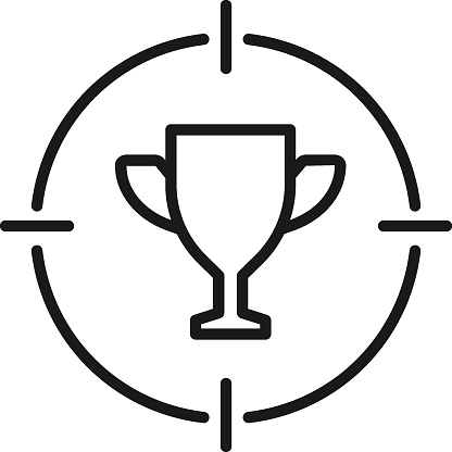 Simple black and white illustration perfect for web sites, advertisement, books, articles, apps. Modern sign and editable stroke. Vector line icon of winner cup or goblet inside target