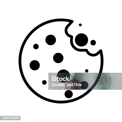 istock Simple browser cookie thin line icon in black. Symbol of round chocolate cookie. Isolated on white. Trendy flat outline illustration for: app, graphic, design, web, site, ui, ux. Vector EPS 10 1310775597