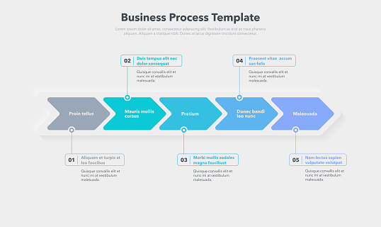 Simple business process template with five colorful steps. Easy to use for your website or presentation.