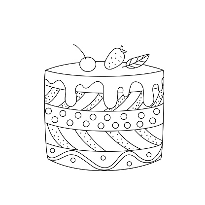 A simple cake with an ornament, layers, decoration. Hand drawn vector illustration, black lines on white, Doodle, sketch.Cute coloring book for children.