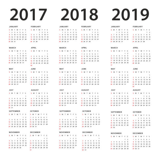 Simple Calendar Template - 2017, 2018 and 2019 Years Simple Calendar Template - 2017, 2018 and 2019 Years - Vector Illustration march calendar 2017 stock illustrations