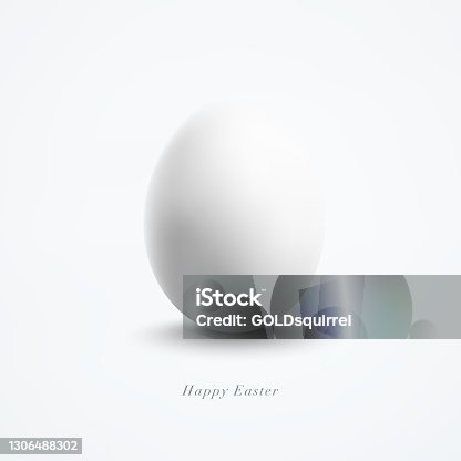 istock Simple card design with white Easter Egg placed in the middle of a white empty paper - perfected elegant minimalism with aesthetic text Happy Easter written in italic - realistic 3D effect with beautiful light and shadows 1306488302