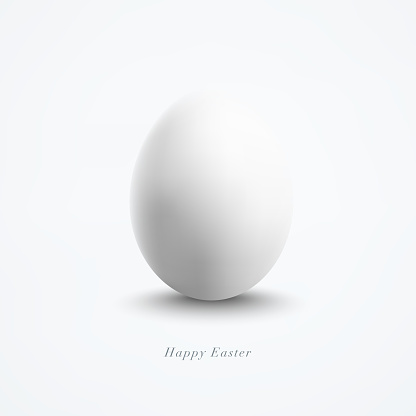 Simple card design with white Easter Egg placed in the middle of a white empty paper - perfected elegant minimalism with aesthetic text Happy Easter written in italic - realistic 3D effect with beautiful light and shadows