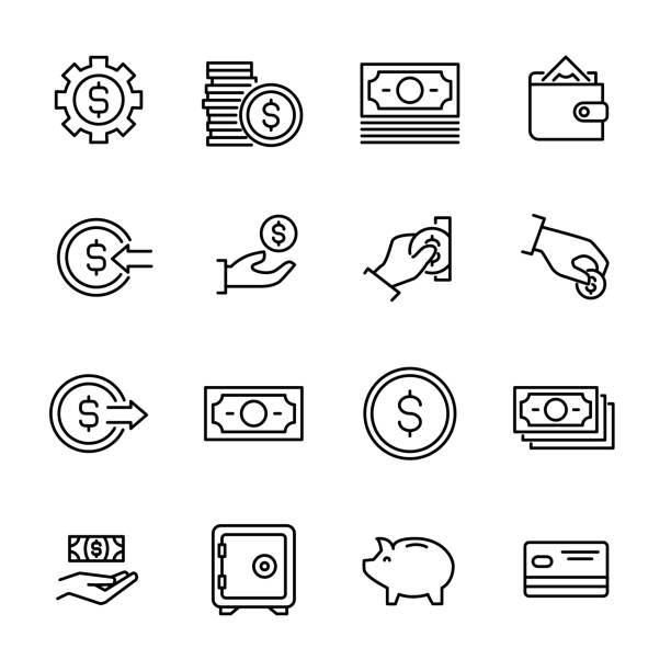 Simple collection of cash related line icons. Simple collection of cash related line icons. Thin line vector set of signs for infographic, logo, app development and website design. Premium symbols isolated on a white background. pile of credit cards stock illustrations