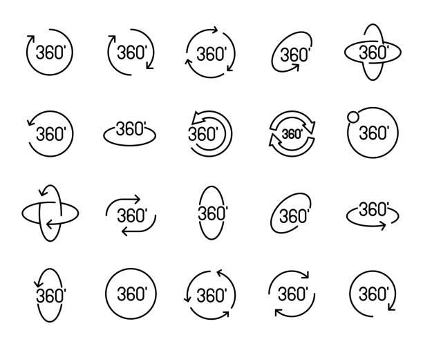 Simple collection of degrees related line icons. Simple collection of degrees related line icons. Thin line vector set of signs for infographic, logo, app development and website design. Premium symbols isolated on a white background. 360 degree view stock illustrations