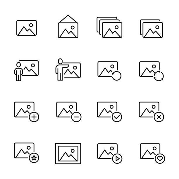 Simple collection of picture related line icons. Simple collection of picture related line icons. Thin line vector set of signs for infographic, logo, app development and website design. Premium symbols isolated on a white background. plus sign photos stock illustrations