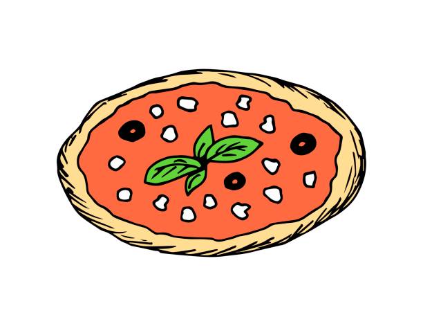 Simple color vector drawing. Pizza with olives, basil cheese isolated on a white background. Italian traditional cuisine, pizzeria, cafe. For print, label, menu, recipe. Simple color vector drawing. Pizza with olives, basil cheese isolated on a white background. Italian traditional cuisine, pizzeria, cafe. For print, label, menu, recipe. margherita stock illustrations