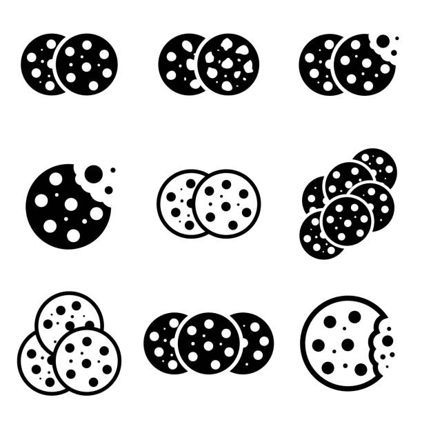 Simple Cookie Icon, Biscuit Symbol Vector Illustration Set of Simple cookie icon vector illustration. Oatmeal sugar bitten cookies silhouette or logo collection. Round black and white biscuit symbol isolated cookie stock illustrations