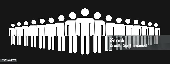 istock Simple crowd icon, group of people silhouettes standing in rows isolated on black 1331462178