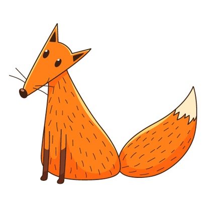 A simple cute fox. A forest wild mammal. Decorative element with an outline. Doodle, hand-drawn. Flat design. Color vector illustration. Isolated on a white background.