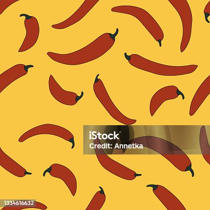 istock Simple cute seamless pattern with red chilly peppers on tellow background. Made in vector. 1334616632