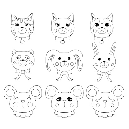 Simple doodle set of cute little animal faces. Cartoon style. Hand drawn vector illustration. Design for T-shirt, textile and prints.