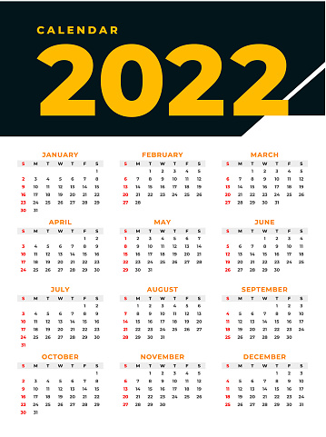 Simple editable vector calendar for year 2022 mondays first, sundays on black and yellow, easy to edit and use