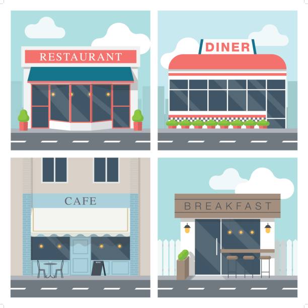 ilustrações, clipart, desenhos animados e ícones de 4 simples ilustração exterior do edifício de restaurante - lanchonete