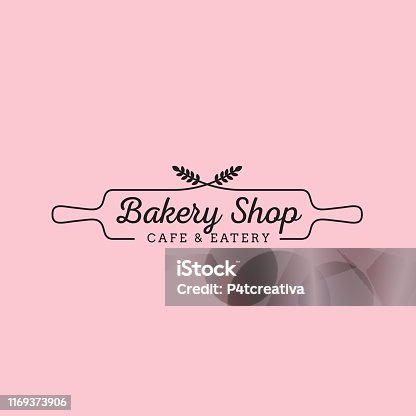 istock Simple feminine bakery logo design with wheat and wood rolling pin 1169373906