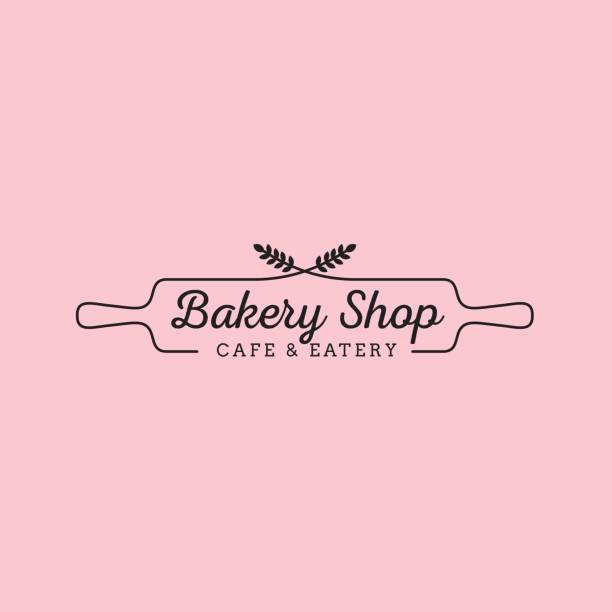 밀과 나무 롤링 핀간단한 여성 베이커리 로고 디자인 - 빵집 stock illustrations