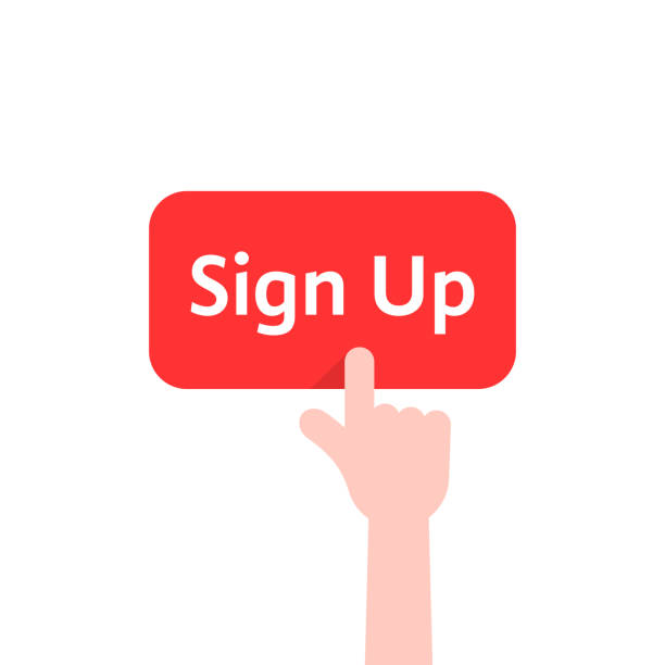 simple finger presses on sign up button isolated on white simple finger presses on sign up button isolated on white. concept of membership form ui on web site or webpage for member and on-line check in. flat style trend modern graphic design signup stock illustrations