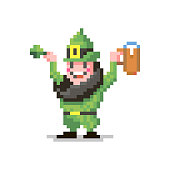 colorful simple flat pixel art illustration of smiling leprechaun in a green suit with a glass of beer and a clover in his hands