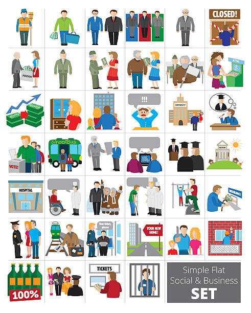 Simple Flat Social and Business icon set Simple Flat social and business set. 40 icons about business, sport, social aid, jobs, election. rich strike stock illustrations
