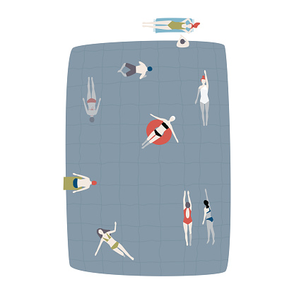 Simple flat style illustration. Swimmers in the summer swimming pool. Happy people resting.