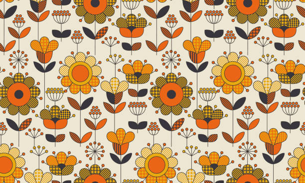 Simple geometric floral seamless pattern. Retro 60s sunflowers motif in fall orange and yellow colors. Decorative flower vector illustration. Simple geometric floral seamless pattern. Retro 60s sunflowers motif in fall orange and yellow colors. Decorative flower vector illustration. bed furniture patterns stock illustrations