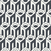 Seamless pattern with architectural elements. Repeating vector texture with simple 3D elements. Monochrome geometric background in gray and black colors, suitable for wallpaper, wrapping paper, fabric