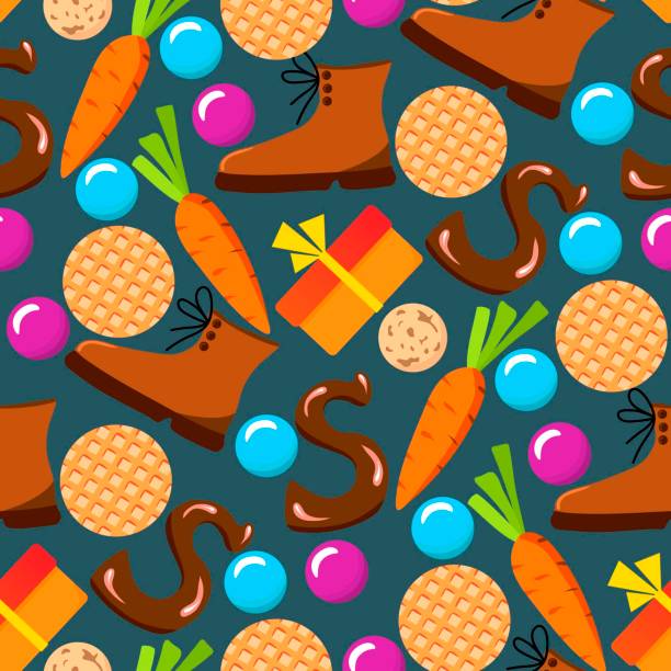 stockillustraties, clipart, cartoons en iconen met simple hand-drawn colored vector seamless pattern. celebration of st. nicholas day, sinterklaas. for printing wrapping paper, gifts, textiles. dark background. - kruidnoten