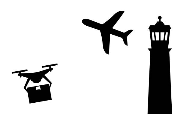 Simple icons showing drone regulations, flying in the airspace around airports, etc. Simple icons showing drone regulations, flying in the airspace around airports, etc. drone silhouettes stock illustrations