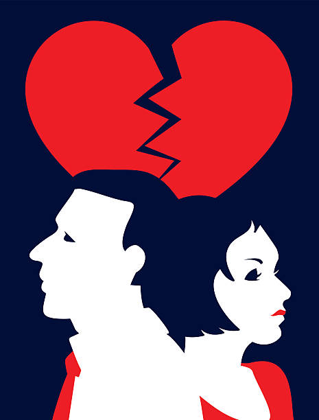 Simple Illustration Man and Woman Under Broken Red Heart vector art illustration