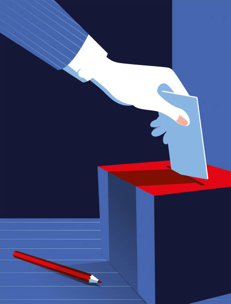 Simple Illustration Man Voting at the Ballot Box Vote Now! A stylized vector cartoon of a Business Man's hand posting a vote in a ballot box, the style is  simple and reminiscent of a old screen print poster and suggesting, democracy, choice, election, voting or decisions. Hand, Box, pencil, ballot box, and background are on different layers for easy editing. Please note: clipping paths have been used. voting silhouettes stock illustrations