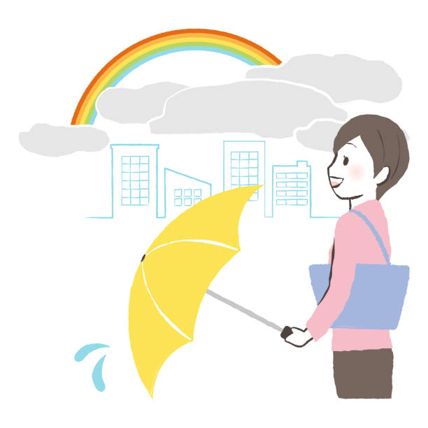 stockillustraties, clipart, cartoons en iconen met eenvoudige illustratie van regenseizoen - rain woman sun