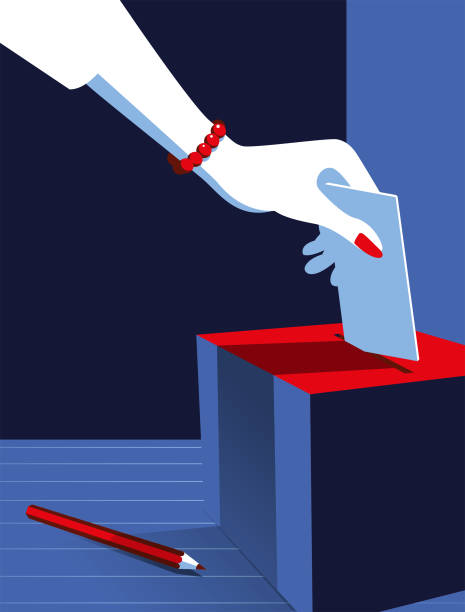 Simple Illustration Woman Voting at the Ballot Box Vote Now! A stylized vector cartoon of a woman's hand posting at a vote in a ballot box with a pencil in the foreground, the style is  simple and reminiscent of an old screen print poster and suggesting, democracy, choice, election, voting or decisions. Hand, Box, pencil, ballot box, and background are on different layers for easy editing. Please note: clipping paths have been used. voting silhouettes stock illustrations