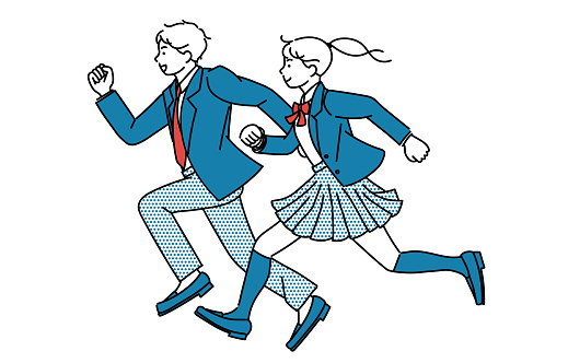 Simple illustrations of male and female high school or junior high school students running in uniforms