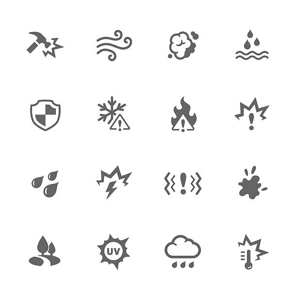 Simple Influence Icons Simple Set of Influence Related Vector Icons. Contains such icons as water resistance, heat, dust and more.  impact stock illustrations