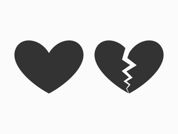 simple isolated black heart and broken shape on white, symbol of love for romantic opportunity element like card, background, wallpaper, texture, banner, label, logo, icon, sign etc. vector design. simple isolated black heart and broken shape on white, symbol of love for romantic opportunity element like card, background, wallpaper, texture, banner, label, logo, icon, sign etc. vector design. divorce silhouettes stock illustrations