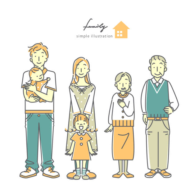simple line art illustration, cute family simple line art illustration, cute family cartoon of the family reunions stock illustrations