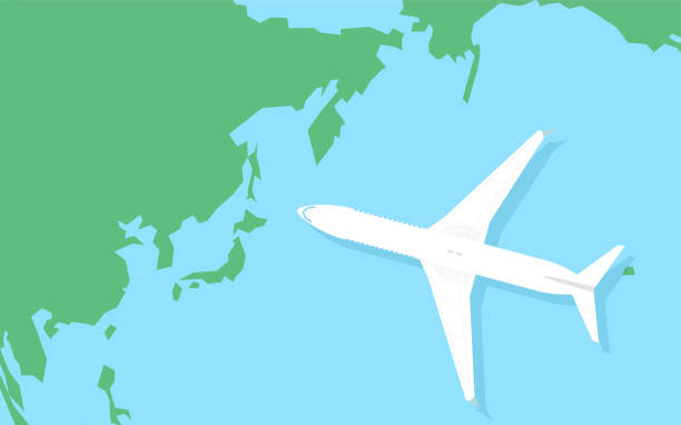 A simple map of the world around Japan and a model of an airplane A simple map of the world around Japan and a model of an airplane japan visa stock illustrations