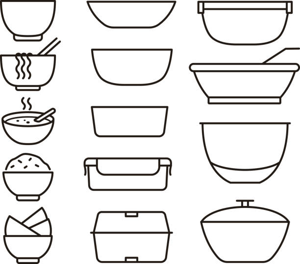 simple outline bowls and plates icon set, vector illustration simple outline bowls and plates icon set, vector illustration bowl stock illustrations