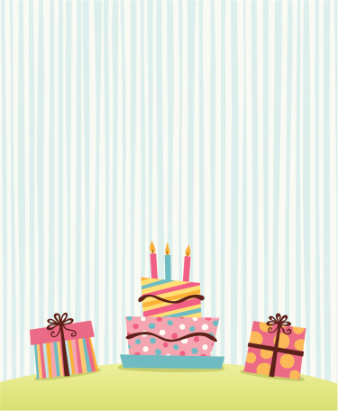 Simple retro graphic of presents and birthday cake