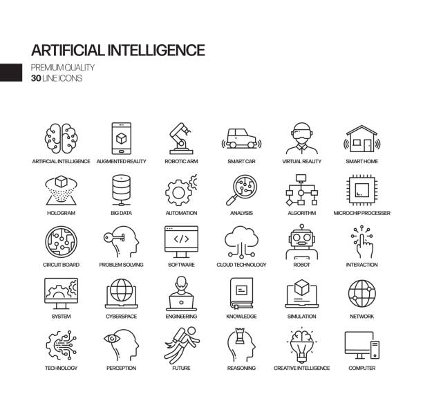 ilustraciones, imágenes clip art, dibujos animados e iconos de stock de conjunto simple de iconos de línea vectorial relacionados con la inteligencia artificial. colección de símbolos de esquema. - vr