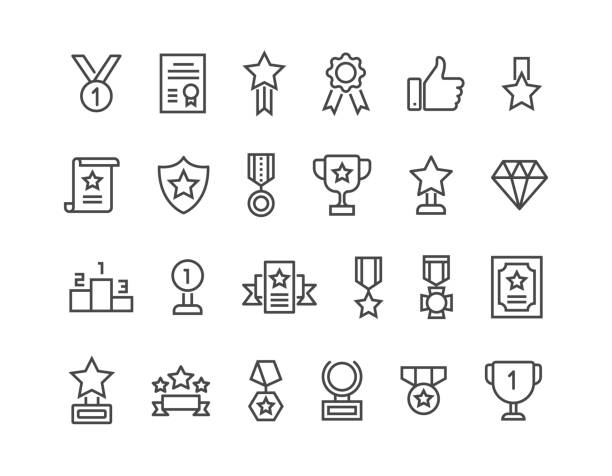 ilustraciones, imágenes clip art, dibujos animados e iconos de stock de simple juego de premios relacionados con los iconos de línea de vector. movimiento editable. 48 x 48 pixel perfect. - award icon