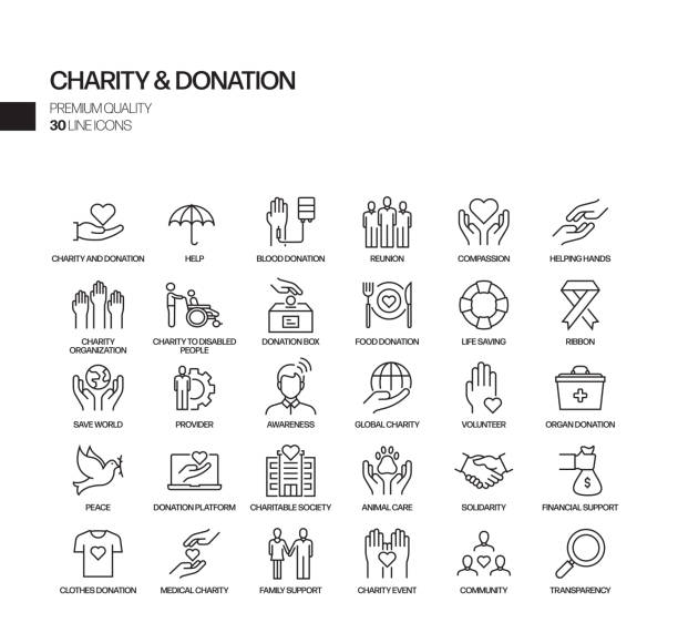 ilustrações de stock, clip art, desenhos animados e ícones de simple set of charity and donation related vector line icons. outline symbol collection. - fond
