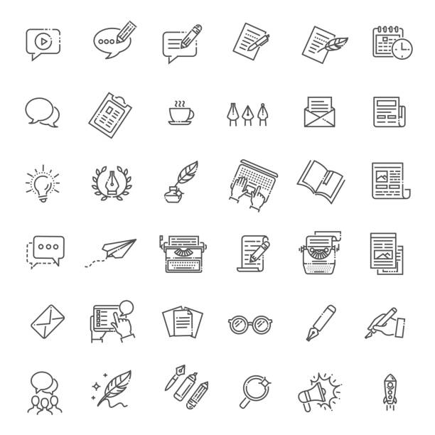 ilustrações de stock, clip art, desenhos animados e ícones de simple set of copywriting related vector line icons - school material
