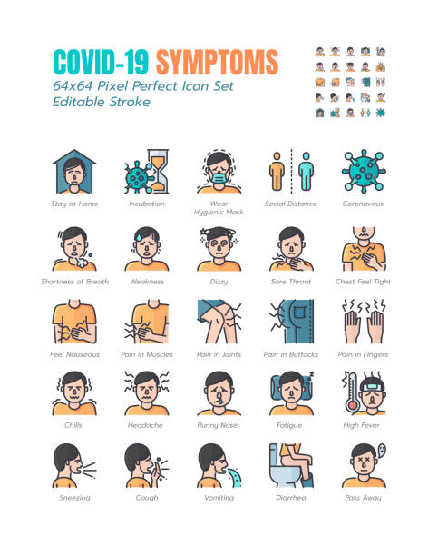 stockillustraties, clipart, cartoons en iconen met eenvoudige set van covid-19 symptomen gevuld overzicht pictogrammen. zoals iconen als cough, sore throat, braken, sociale afstand, coronavirus, stay at home, incubatie etc. 64x64 pixel perfect. bewerkbare slag. - symptoom
