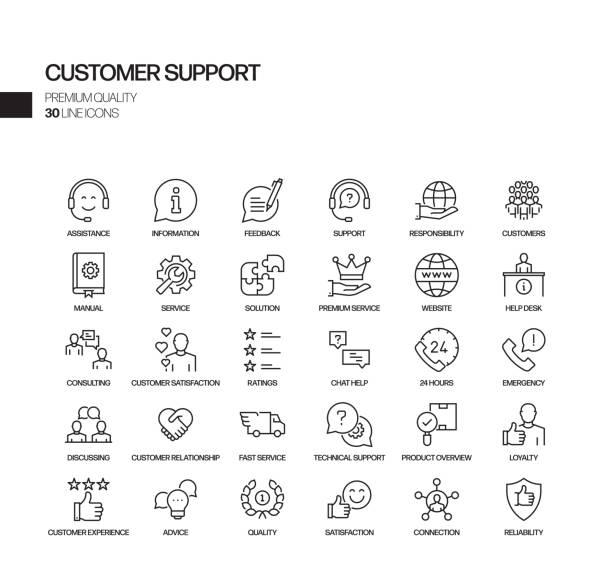 illustrations, cliparts, dessins animés et icônes de ensemble simple d'icônes de ligne vectorielle connexes de support client. collection de symboles de contour. - service client