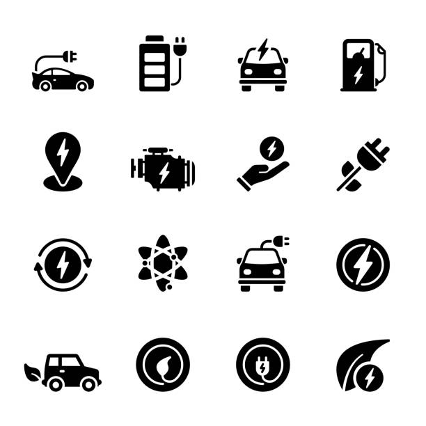illustrazioni stock, clip art, cartoni animati e icone di tendenza di semplice set di icone vettoriali relative all'auto elettrica. collezione symbol - veicolo ibrido