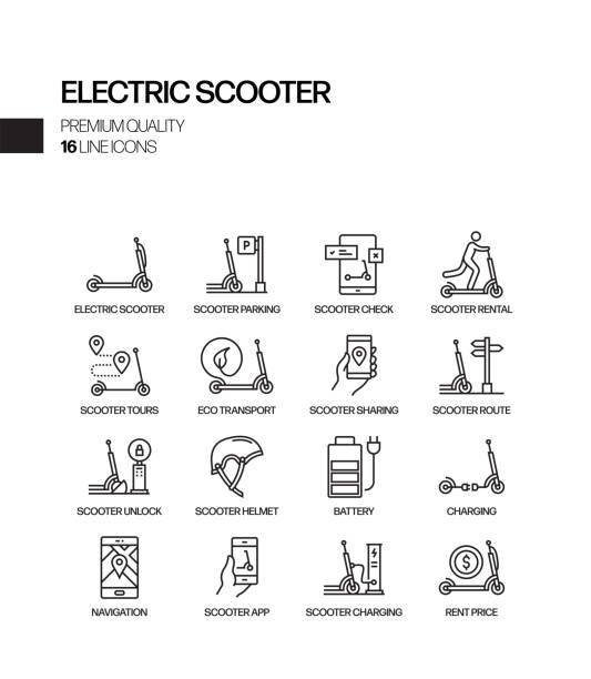 ilustrações de stock, clip art, desenhos animados e ícones de simple set of electric scooter related vector line icons. outline symbol collection - trotinetes