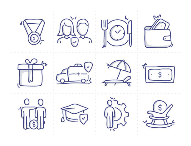 Simple Set of Employee Benefits Related Doodle Vector Line Icons Simple Set of Employee Benefits Related Doodle Vector Line Icons recruitment drawings stock illustrations